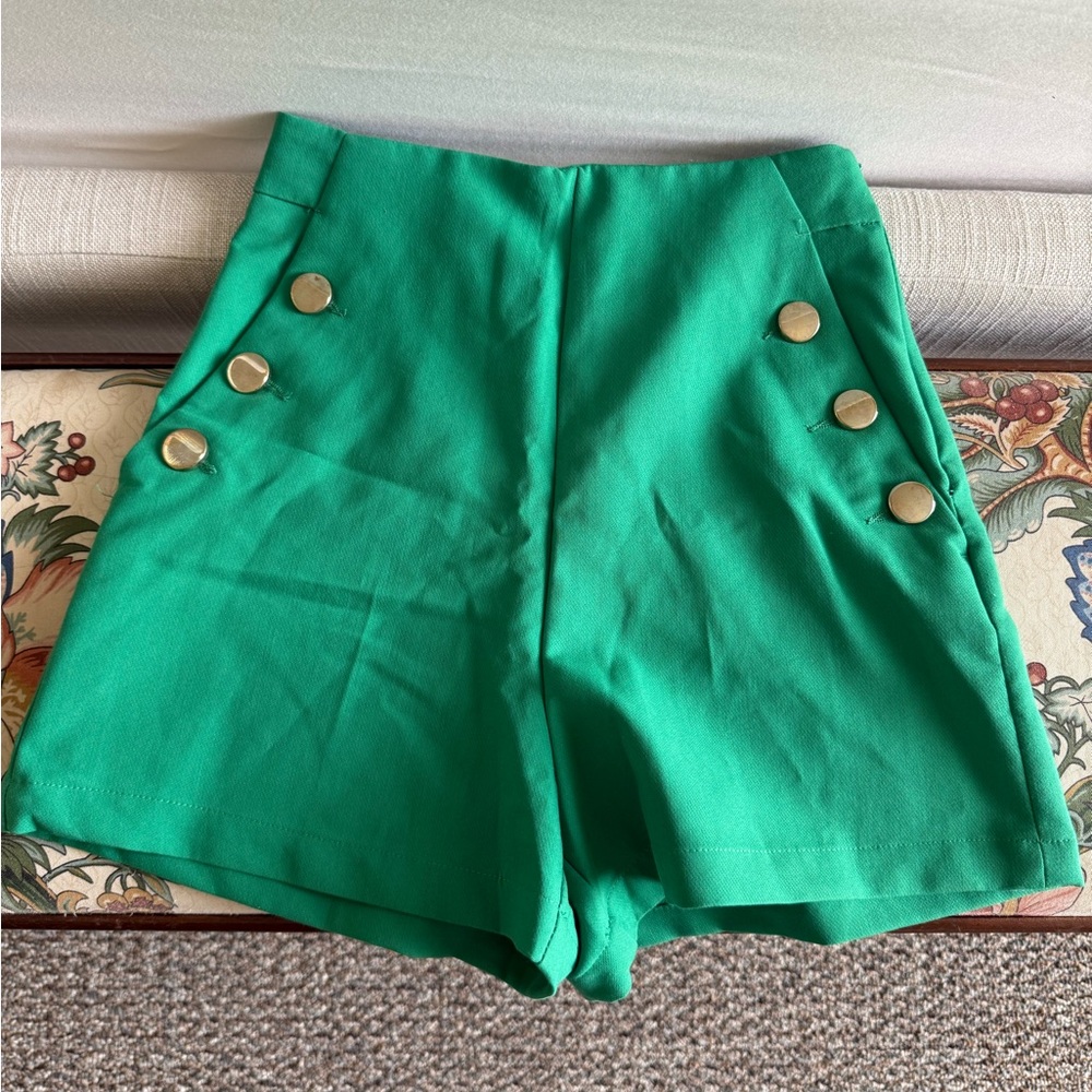 Zara Green High Waist Shorts with Gold Accents